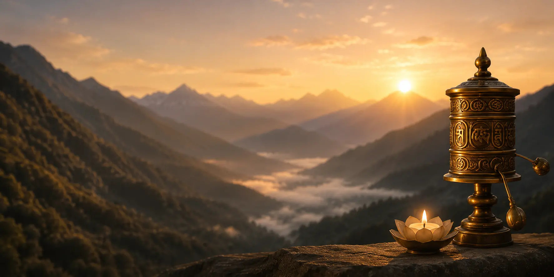 A Tibetan prayer wheel and lotus lamp overlooking a peaceful mountain valley