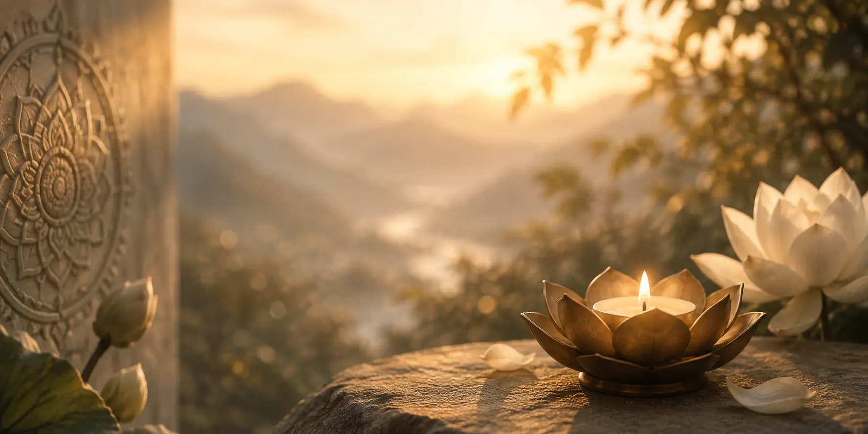 A softly glowing lotus candle beside white lotus flowers