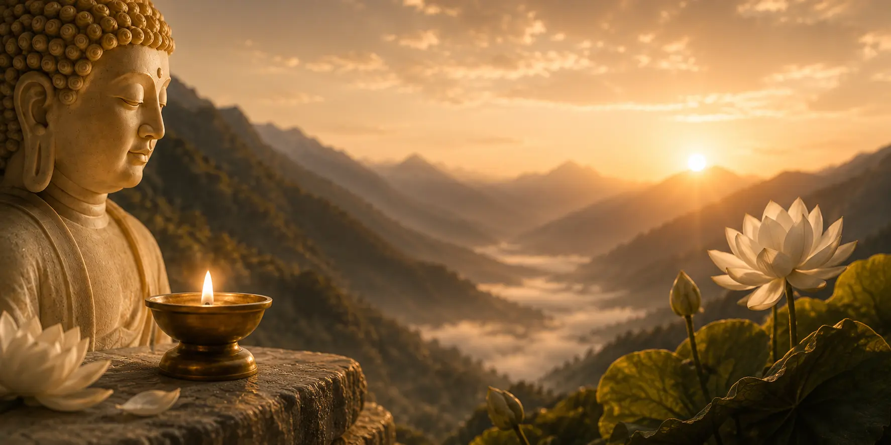 A serene Buddha statue beside a glowing butter lamp and white lotus